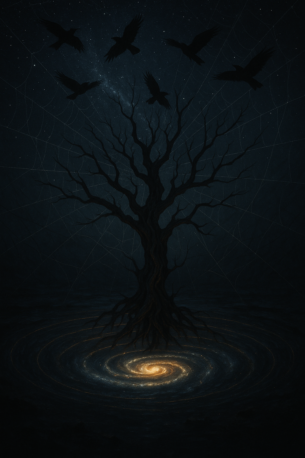 The Nightroot rising from a spiral galaxy pool, star-shaped leaves and webs under circling crows.